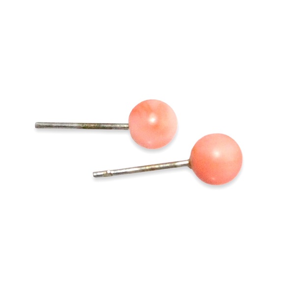 Vintage Genuine Coral Ball Stud Earrings Angel Skin Salmon Pink Small Studs - Picture 3 of 4